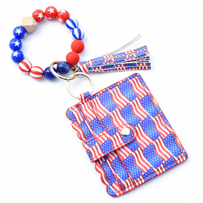 Wholesale American Independence Day PU Card Holder Ladies Coin Purse Wrist Keychain